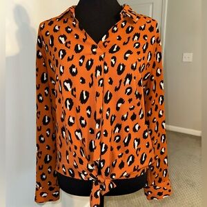 Pink Rose Orange Black Tie Front Shirt (Juniors)